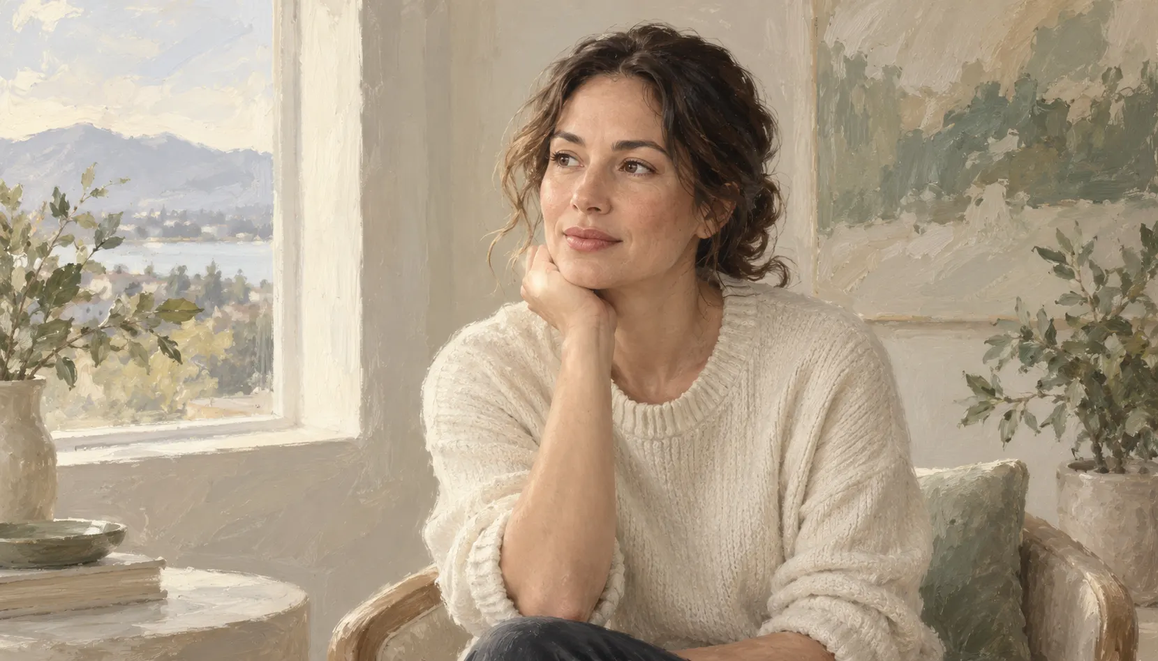 Painted illustration of an adult woman with natural skin texture in a calm ivory and taupe setting.