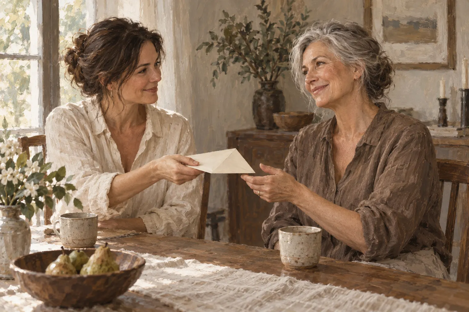Painted realistic scene of adults sharing a thoughtful gift conversation.