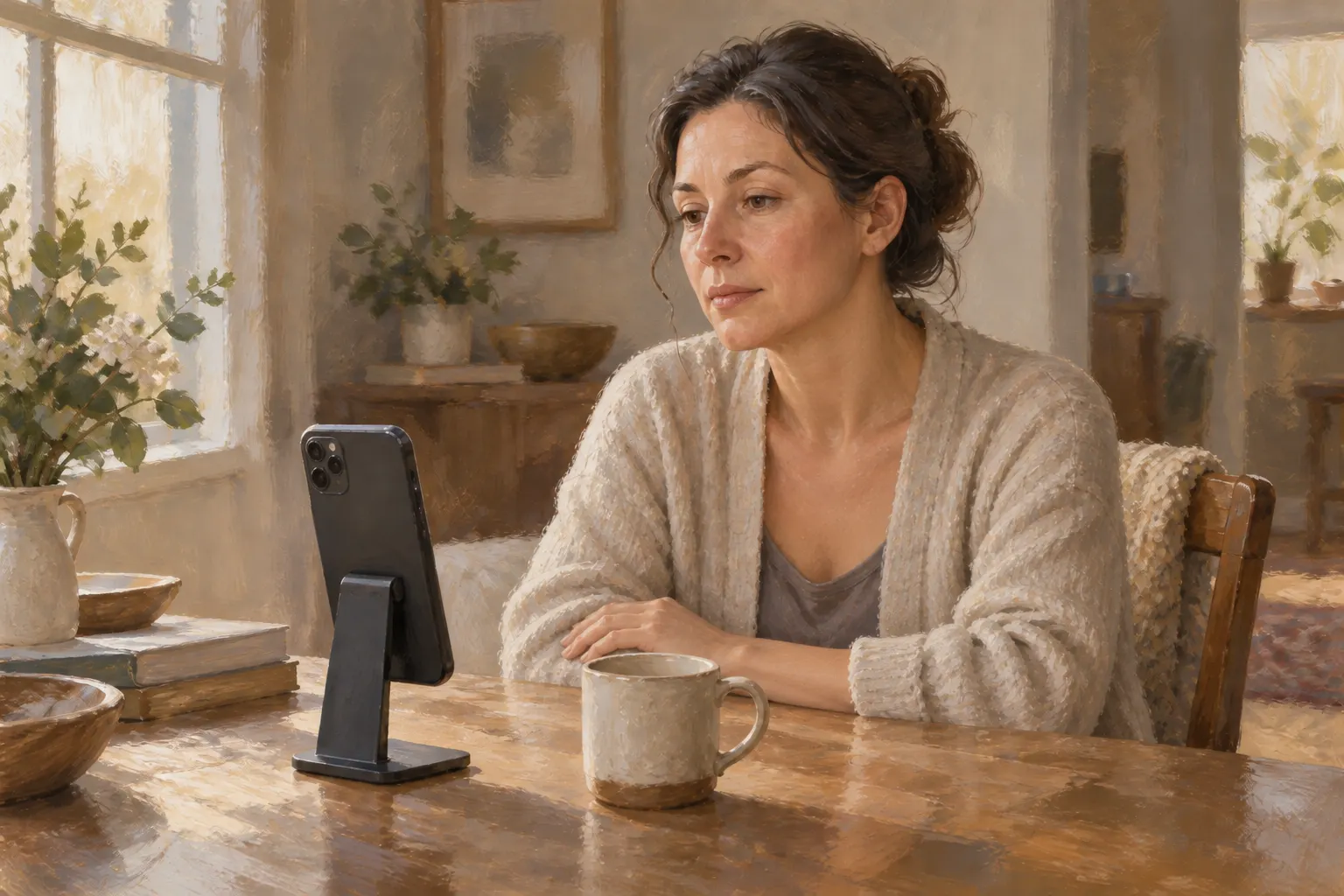 Painted realistic scene of an adult making a thoughtful private skin-photo record.