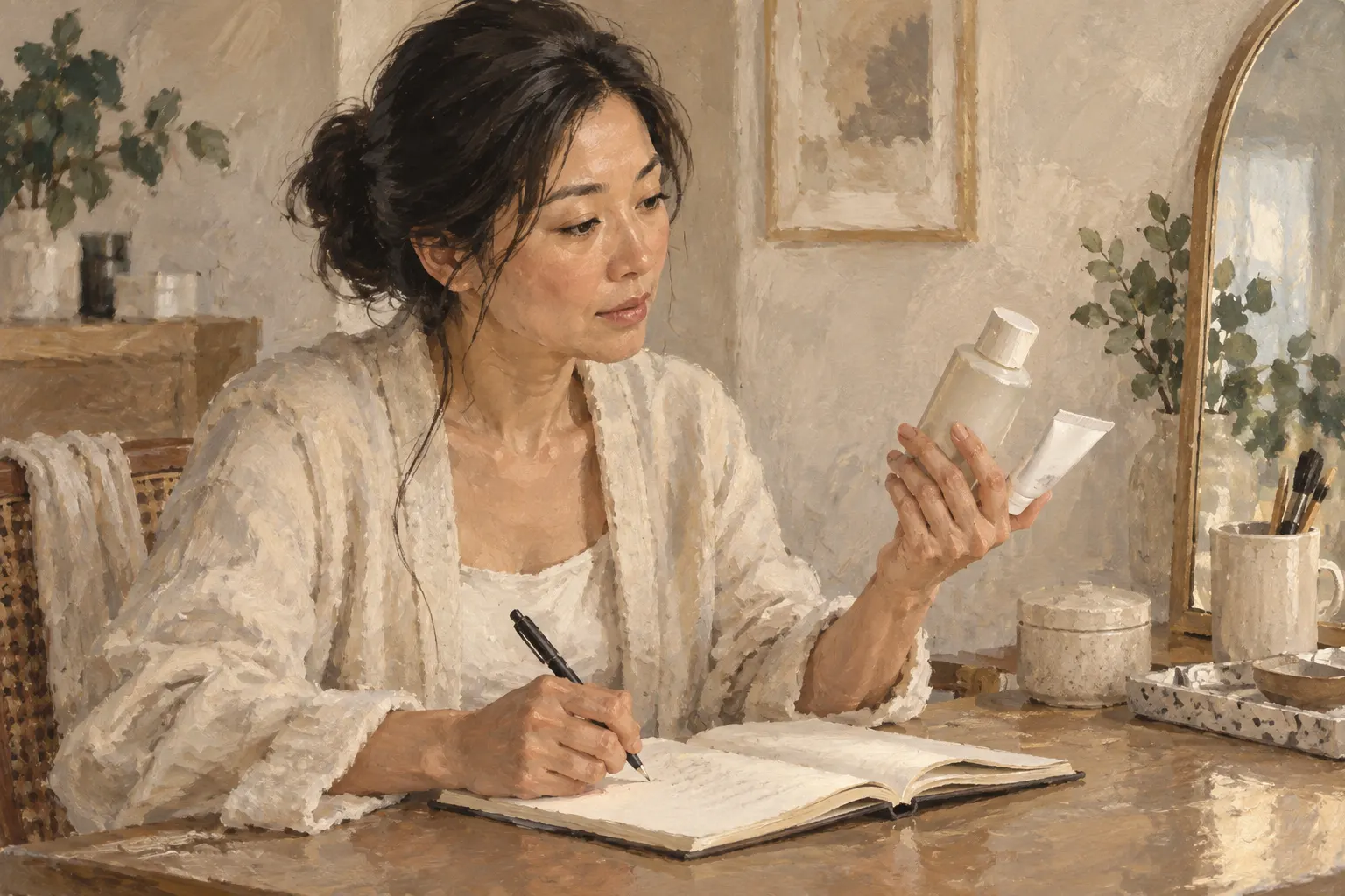 Painted realistic scene of an adult reviewing their skincare routine.